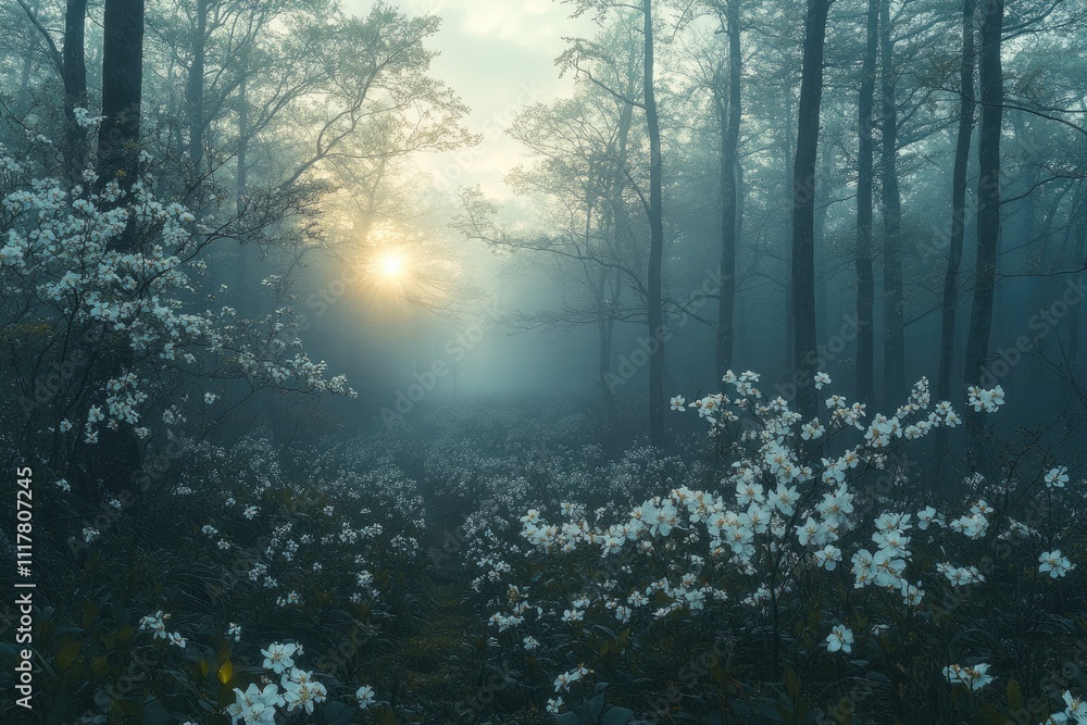 Sun shining through fog in blooming forest during spring Sun shining through fog in blooming forest during spring