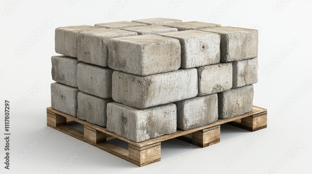 Obraz premium Stacked cement blocks on a wooden pallet, rough textures and natural tones highlighted on white.