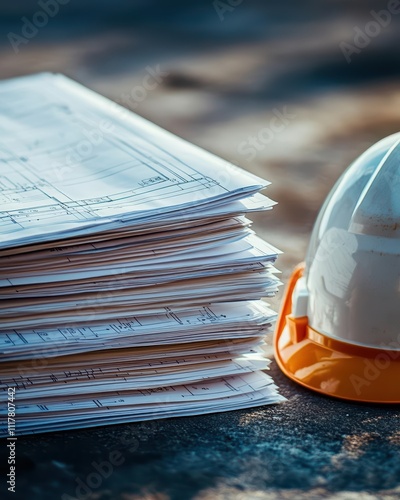 A stack of construction plans beside a hard hat on a work surface.