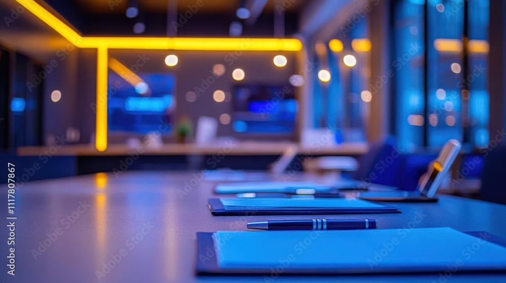 A modern conference room setup with notepads and a pen, ready for a meeting. A modern conference room setup with notepads and a pen, ready for a meeting.