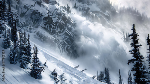 A dramatic scene of an avalanche cascading down a snow-covered mountainside. Trees are bent and broken by the force of the snow, and a cloud of white dust fills the air.


