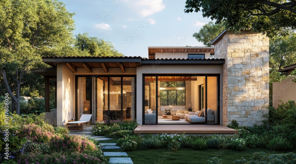 A house with a large patio and a stone chimney. The house is surrounded by a lush green garden A house with a large patio and a stone chimney. The house is surrounded by a lush green garden