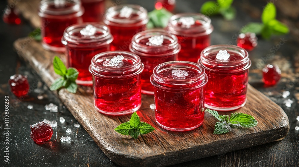 Jello shots in small glass jars, surrounded by fresh mint leaves and sugar crystals on a rustic board Jello shots in small glass jars, surrounded by fresh mint leaves and sugar crystals on a rustic board