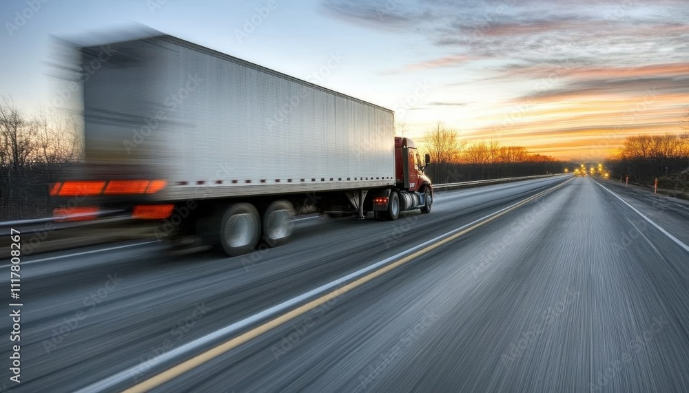 A semi truck is driving down a road with a sunset in the background. The truck is moving quickly, and the sky is filled with clouds A semi truck is driving down a road with a sunset in the background. The truck is moving quickly, and the sky is filled with clouds
