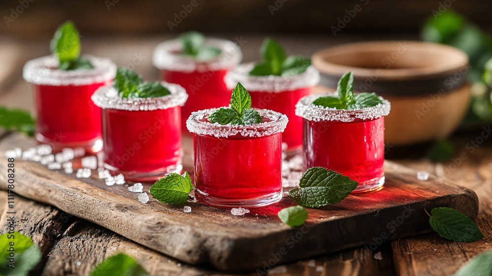Jello shots in small glass jars, surrounded by fresh mint leaves and sugar crystals on a rustic board Jello shots in small glass jars, surrounded by fresh mint leaves and sugar crystals on a rustic board