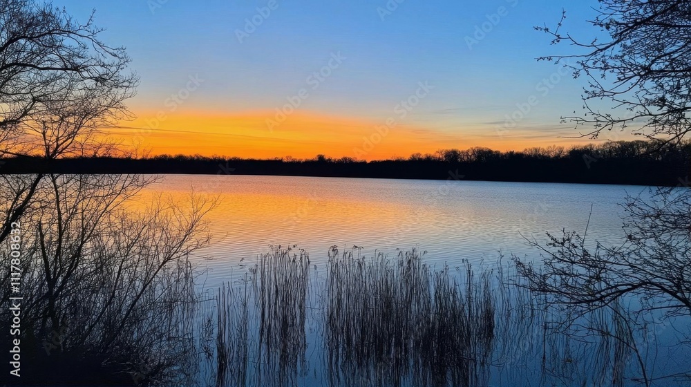 Fototapeta premium Serene sunset over a tranquil lake, surrounded by silhouettes of trees.