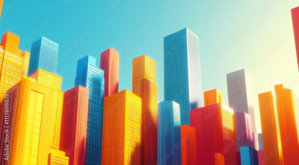 A city skyline with many tall buildings in different colors. The buildings are arranged in a way that creates a sense of depth and perspective. Business background A city skyline with many tall buildings in different colors. The buildings are arranged in a way that creates a sense of depth and perspective. Business background
