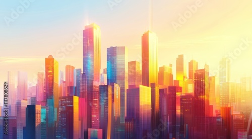 A city skyline with a bright orange and yellow sunset in the background. The buildings are tall and colorful, creating a vibrant and lively atmosphere. Business background