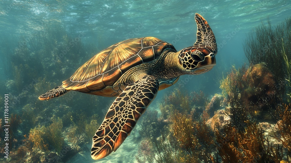 Obraz premium A green sea turtle gracefully swims amidst vibrant coral reef.