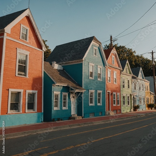 A row of colorful houses on a quaint street.