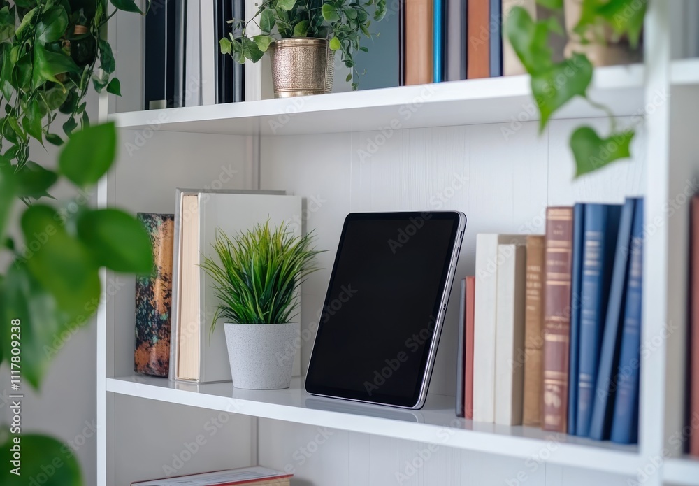 A white bookshelf with a black tablet on it. The shelf is filled with books and a potted plant. Empty space for logo or text, mockup A white bookshelf with a black tablet on it. The shelf is filled with books and a potted plant. Empty space for logo or text, mockup