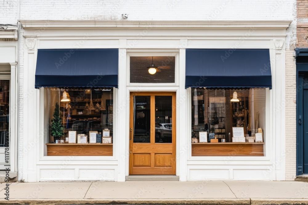 A store front with a blue awning and a white door. The door is open and ...
