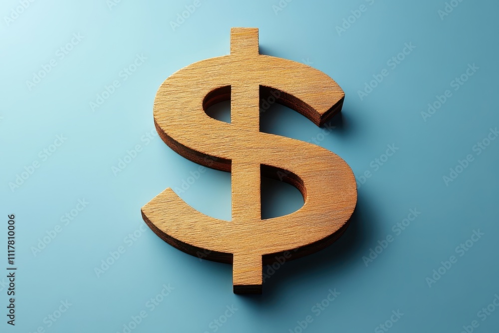 A dollar sign made of wood is on a blue background. The dollar sign is made of wood and has a rough texture A dollar sign made of wood is on a blue background. The dollar sign is made of wood and has a rough texture