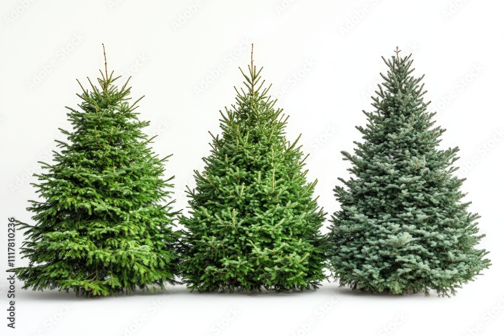 Obraz premium Three christmas trees standing on white background
