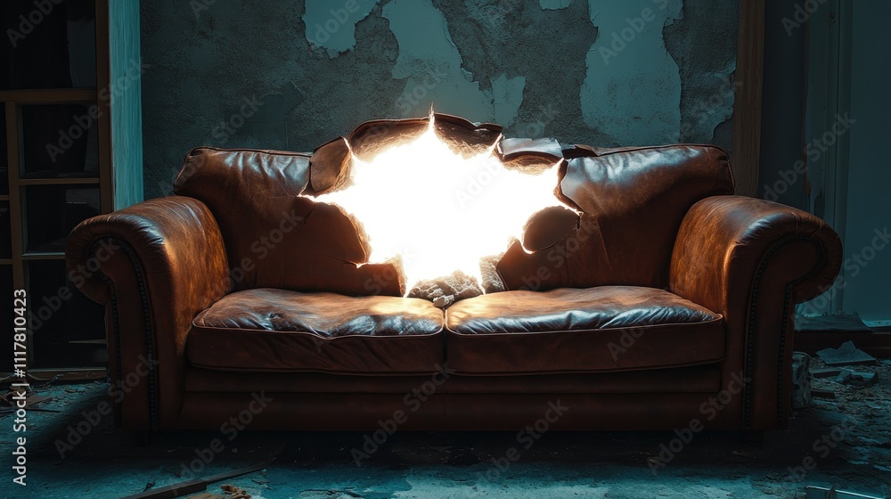 The old brown leather of a sofa is torn apart by a luminous white hole emerging through the seat. The old brown leather of a sofa is torn apart by a luminous white hole emerging through the seat.