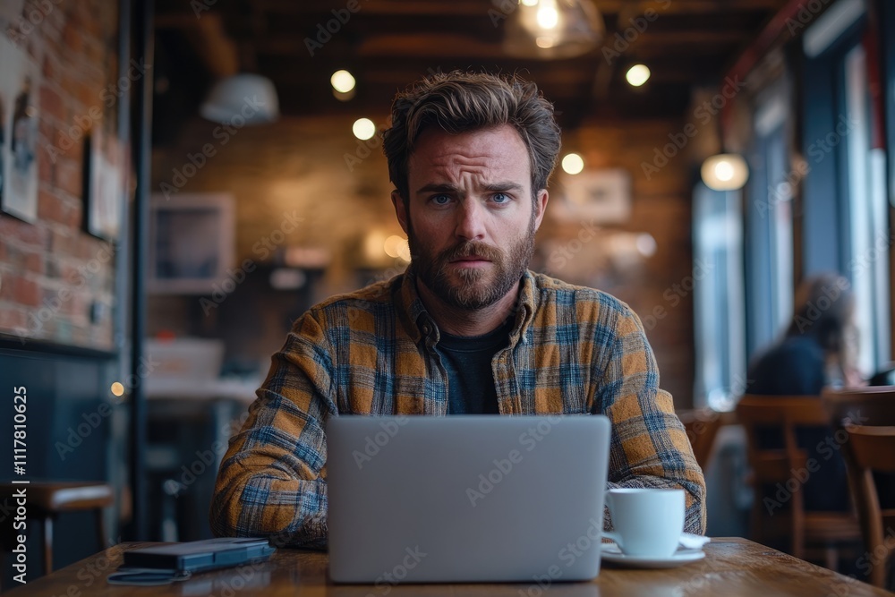 Freelancer working at coffee shop looking serious at laptop Freelancer working at coffee shop looking serious at laptop