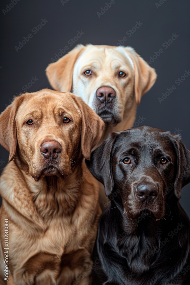Three canines sitting side by side, possibly friends or siblings Three canines sitting side by side, possibly friends or siblings