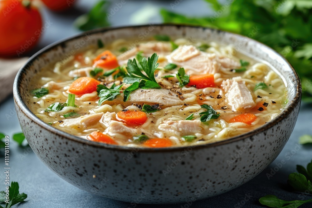 Steaming chicken noodle soup garnished with fresh parsley in bowl Steaming chicken noodle soup garnished with fresh parsley in bowl
