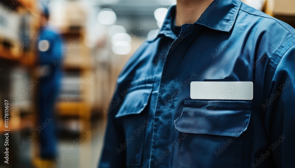 A man in a blue uniform stands in front of a shelf of boxes. He is wearing a name tag on his shirt. Empty space for logo or text, mockup A man in a blue uniform stands in front of a shelf of boxes. He is wearing a name tag on his shirt. Empty space for logo or text, mockup