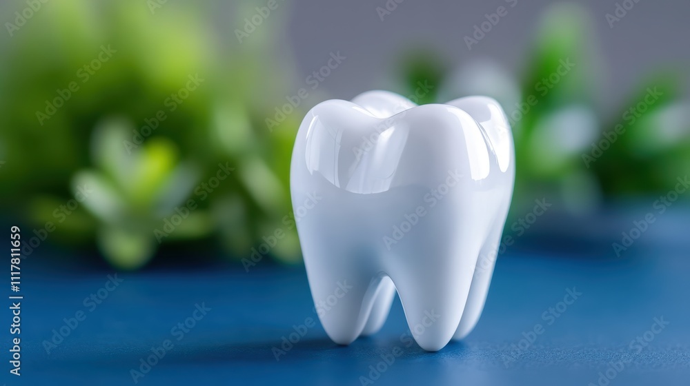 White Tooth Model on Blue Table with Green Background Elements White Tooth Model on Blue Table with Green Background Elements