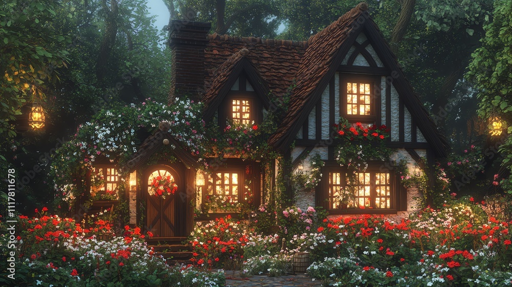 Obraz premium A charming cottage surrounded by vibrant flowers in a serene forest setting.