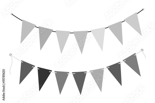 Triangular Pennant garlands on string in grayscale. Black Day greeting design elements concept Set 2