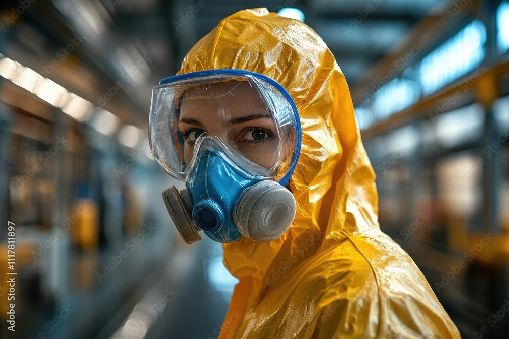 Scientist wearing hazmat suit and gas mask in industrial setting Scientist wearing hazmat suit and gas mask in industrial setting