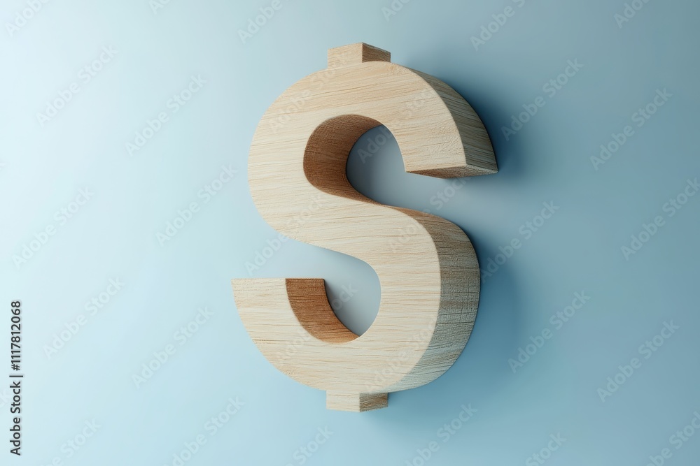 A wooden dollar sign is displayed on a blue background. The dollar sign is made of wood and he is a 3D model. Concept of creativity and uniqueness A wooden dollar sign is displayed on a blue background. The dollar sign is made of wood and he is a 3D model. Concept of creativity and uniqueness