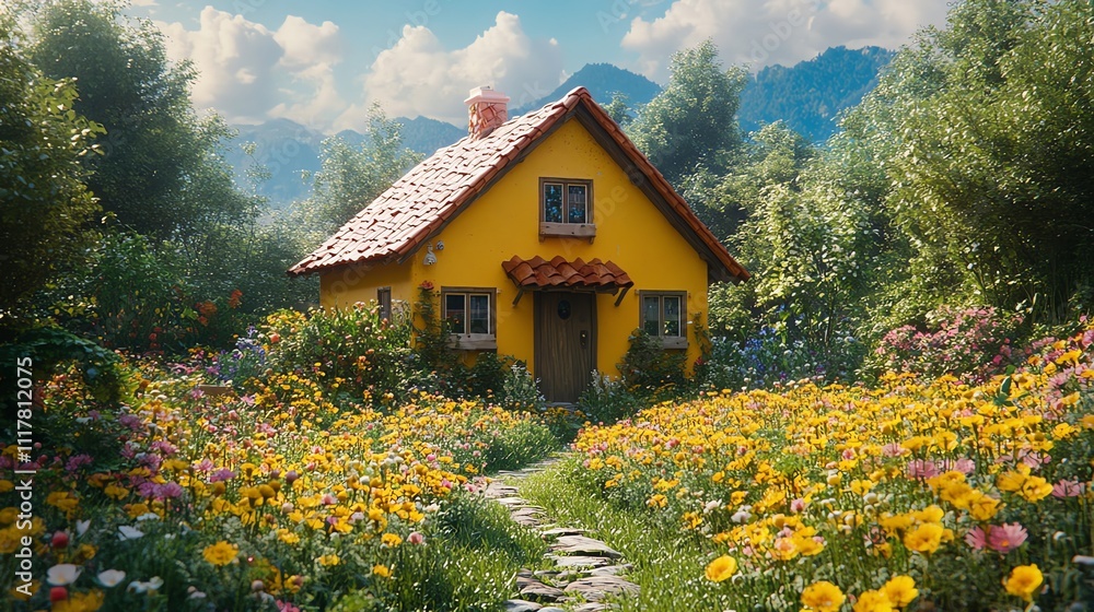 Fototapeta premium A charming yellow cottage surrounded by vibrant flowers and mountains under a blue sky.