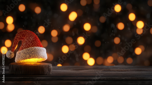 glowing s hat rests on wooden surface, surrounded by warm bokeh lights, creating festive and cheerful atmosphere perfect for holiday celebrations photo