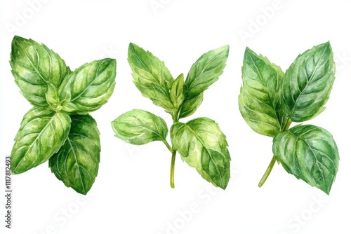 Three watercolor illustrations of fresh basil leaves on a white background.