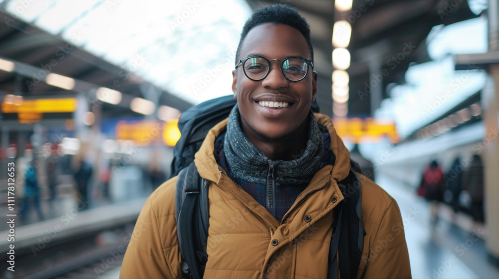 African-American traveler at train terminal, radiating excitement, adventure and anticipation for journey ahead. travel, transportation, exploration, happiness of start of journey on station African-American traveler at train terminal, radiating excitement, adventure and anticipation for journey ahead. travel, transportation, exploration, happiness of start of journey on station