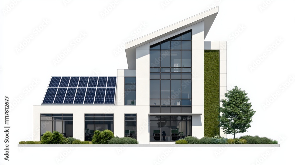 A modern, eco-friendly house featuring solar panels, large windows, and greenery, showcasing sustainable architecture and innovative design. A modern, eco-friendly house featuring solar panels, large windows, and greenery, showcasing sustainable architecture and innovative design.