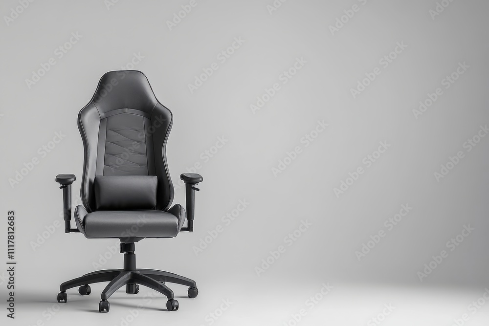 A black office chair with a black pillow on the back. The chair is sitting on a white background. Empty space for logo or text, mockup A black office chair with a black pillow on the back. The chair is sitting on a white background. Empty space for logo or text, mockup