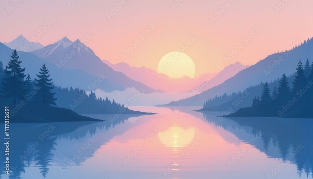 Serene Sunset over Misty Mountain Lake Peaceful landscape illustration with a sun reflecting on calm water Serene Sunset over Misty Mountain Lake Peaceful landscape illustration with a sun reflecting on calm water