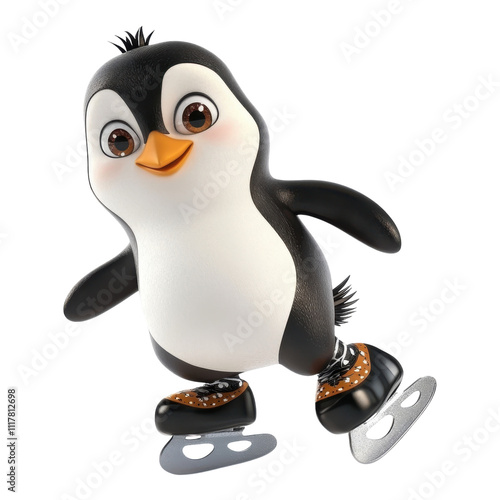 Charming penguin gliding gracefully on ice while showcasing joyful skating skills and playful spirit in a winter wonderland on transparent Background