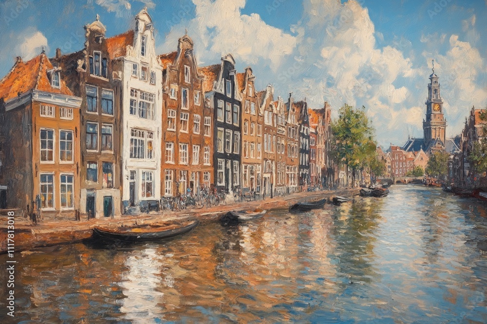 A serene urban canal scene with buildings and boats A serene urban canal scene with buildings and boats