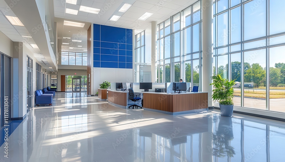 A large open lobby with a blue wall and a large window. The room is empty and has a modern feel A large open lobby with a blue wall and a large window. The room is empty and has a modern feel