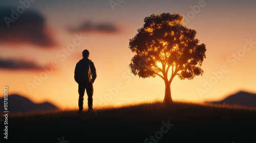 peaceful adventurer stands by glowing golden tree at sunset, surrounded by mountains and serene landscape. warm colors evoke sense of tranquility and wonder