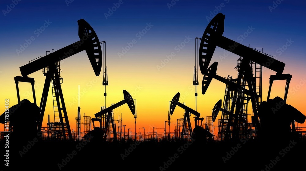 Wide-angle view of oil pump jacks silhouetted by the setting sun, with dramatic, vivid colors painting the horizon Wide-angle view of oil pump jacks silhouetted by the setting sun, with dramatic, vivid colors painting the horizon