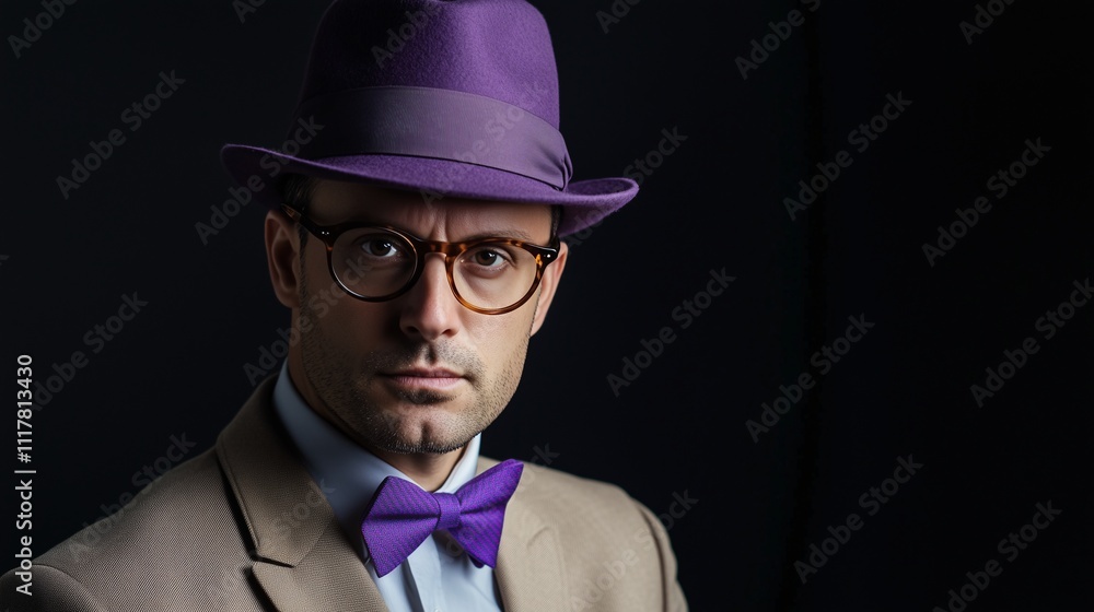 Man in a purple hat and bow tie with tortoiseshell glasses, representing formal and bold fashion Man in a purple hat and bow tie with tortoiseshell glasses, representing formal and bold fashion