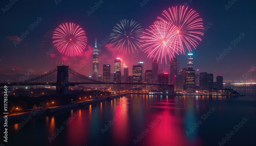 Night Cityscape with Fireworks over the Brooklyn Bridge and Manhattan Skyline. Festive New Year Celebration Night Cityscape with Fireworks over the Brooklyn Bridge and Manhattan Skyline. Festive New Year Celebration
