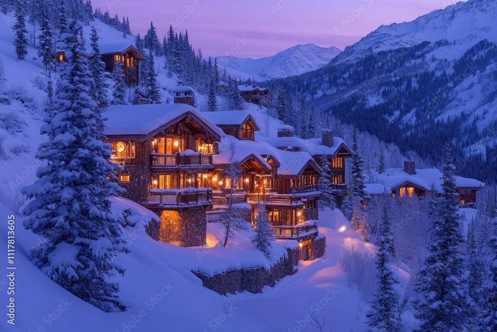 Fototapeta premium Illuminated wooden chalets nestled on snowy mountainside at twilight