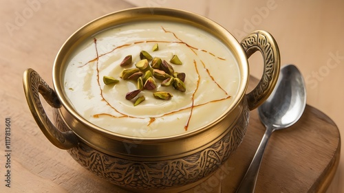 Rich jaggery kheer garnished with saffron and pistachios, served in brass bowls with festive decorations and wooden backdrop