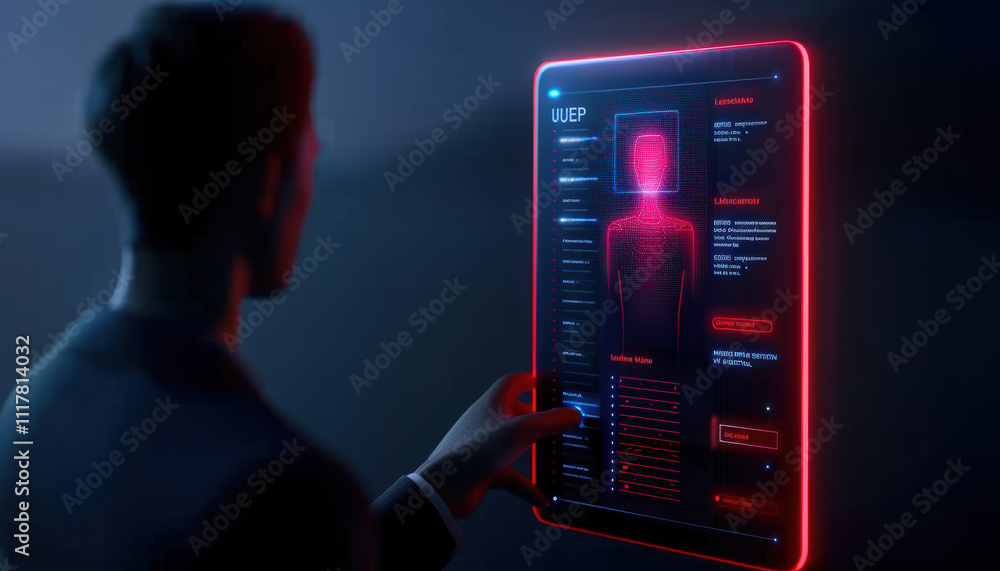 Obraz premium AI monitoring user access and network security, A person interacting with a futuristic tablet displaying holographic health data in a dark, modern environment.