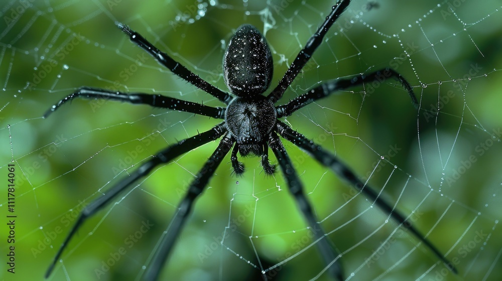 A large spider sitting on the edge of its intricate web, waiting for prey A large spider sitting on the edge of its intricate web, waiting for prey