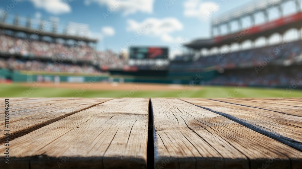 Wooden table surface in focus with an out-of-focus view of a lively baseball stadium in the distance. Wooden table surface in focus with an out-of-focus view of a lively baseball stadium in the distance.