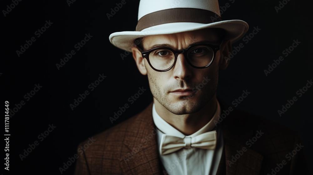 Man in a white hat, glasses, and bow tie, wearing a brown suit, presenting a retro-inspired formal style Man in a white hat, glasses, and bow tie, wearing a brown suit, presenting a retro-inspired formal style