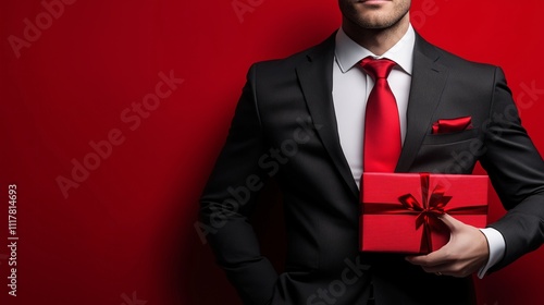 Man in black suit with red tie holding a red gift box, perfect for Christmas or corporate holiday themes