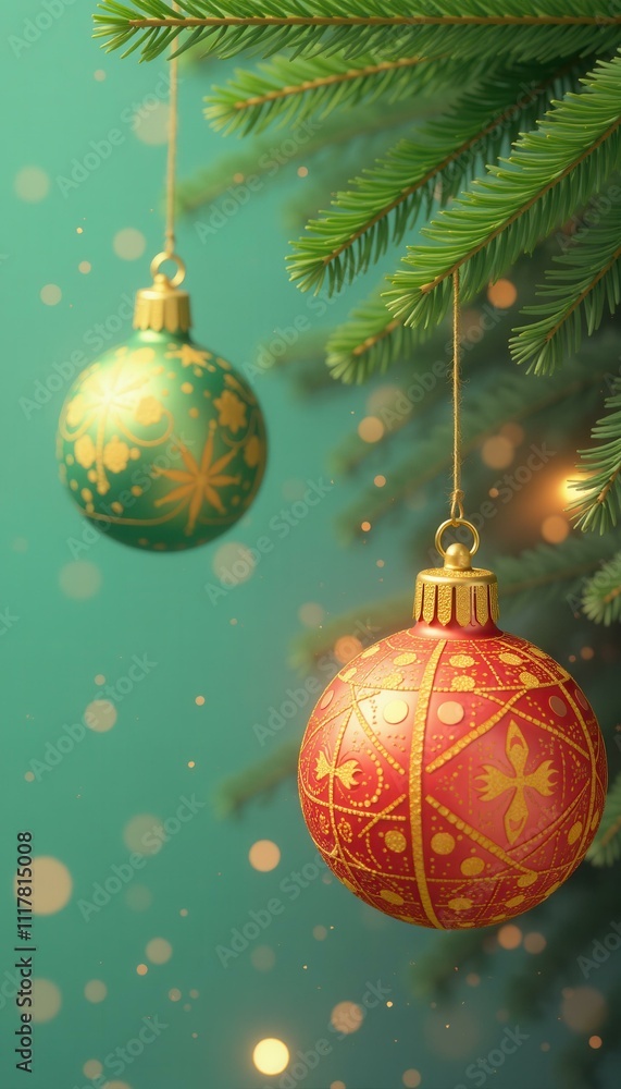 Elegant Christmas Ornament Hanging on Pine Branch Teal Background Festive Decoration Holiday Season Winter Wonderland Elegant Christmas Ornament Hanging on Pine Branch Teal Background Festive Decoration Holiday Season Winter Wonderland